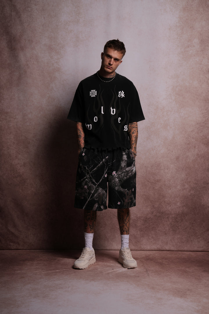 Wolves Flame Destroyed Grunge "Box Cut" Tee in Black
