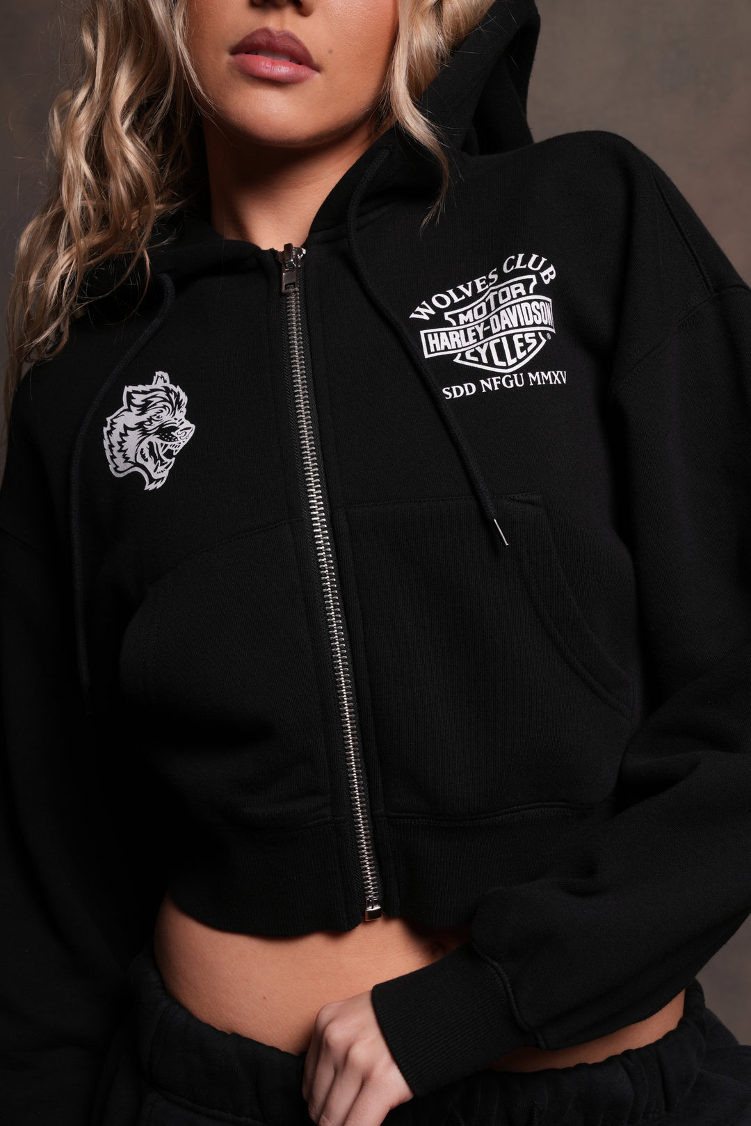Harley-Davidson Wolves Club "Sage" Cropped Zip Hoodie in Black