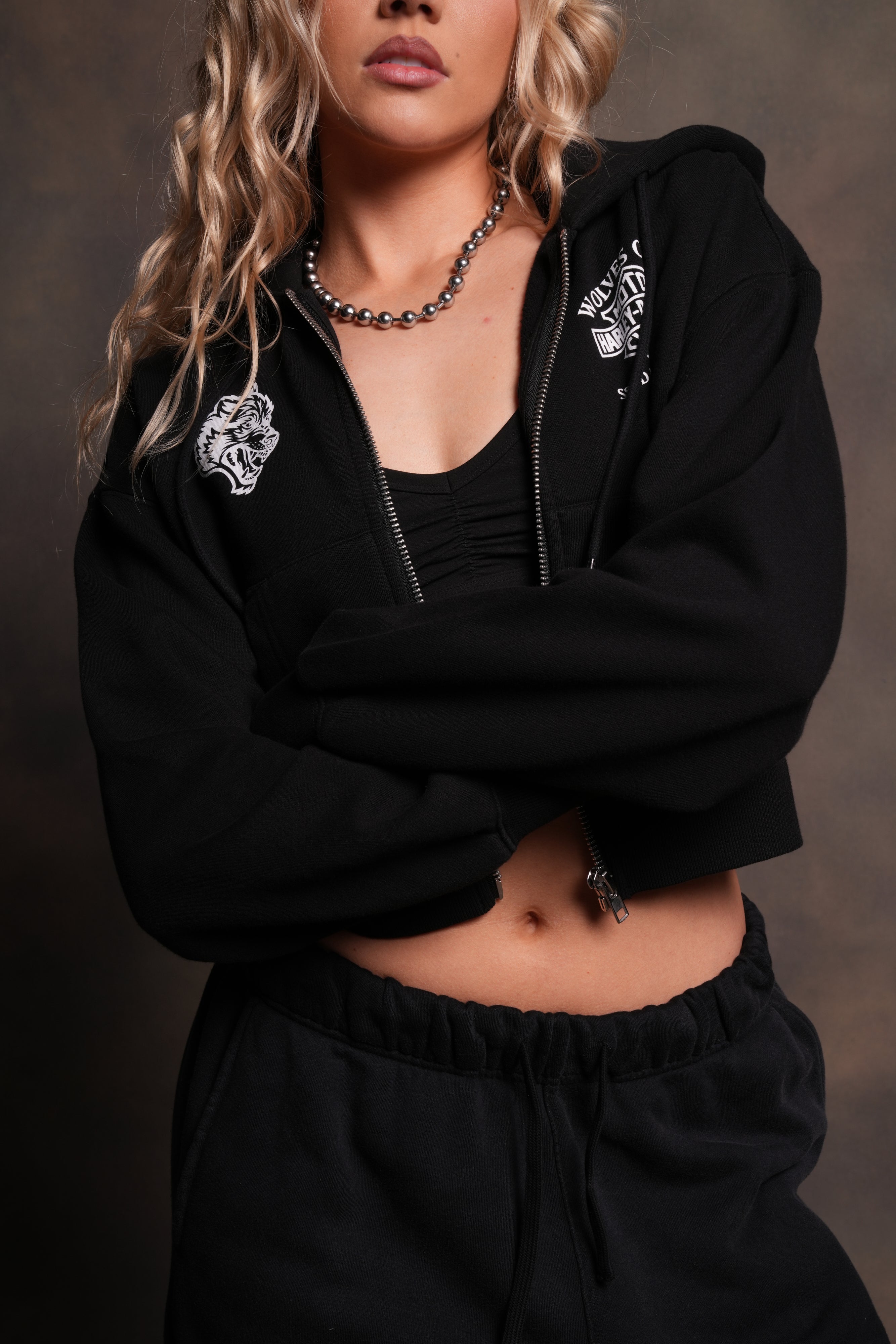 Harley-Davidson Wolves Club "Sage" Cropped Zip Hoodie in Black