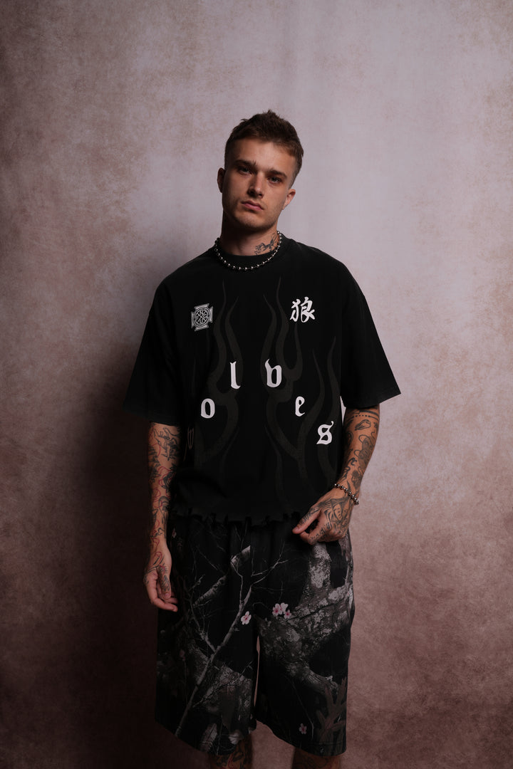 Wolves Flame Destroyed Grunge "Box Cut" Tee in Black