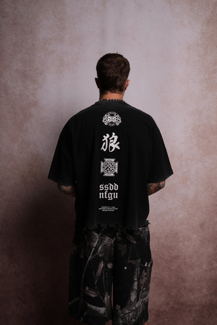 Wolves Flame Destroyed Grunge "Box Cut" Tee in Black