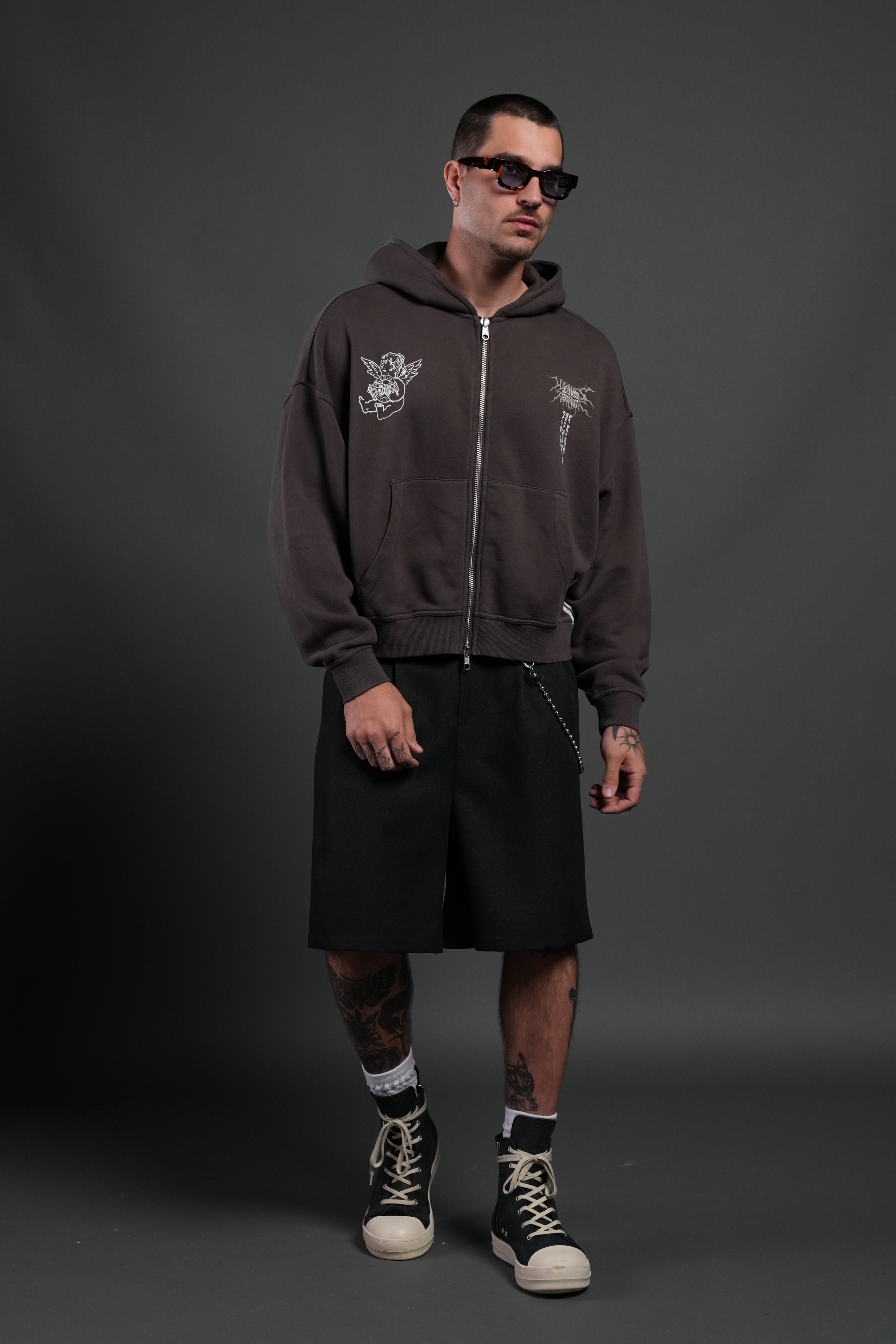 No Weapon Hesh Vex Double Zip Hoodie in Darc Brown