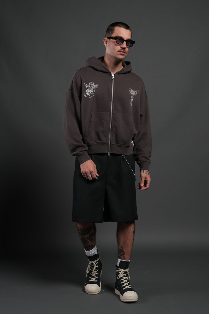 No Weapon Hesh Vex Double Zip Hoodie in Darc Brown