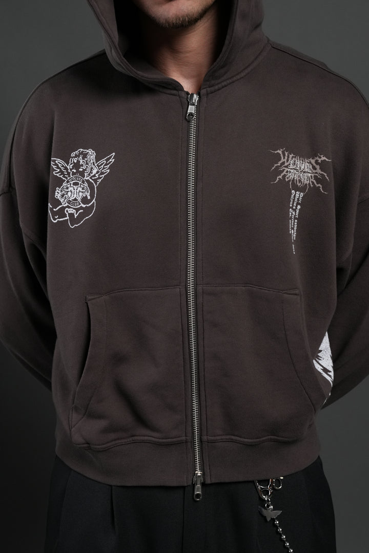 No Weapon Hesh Vex Double Zip Hoodie in Darc Brown