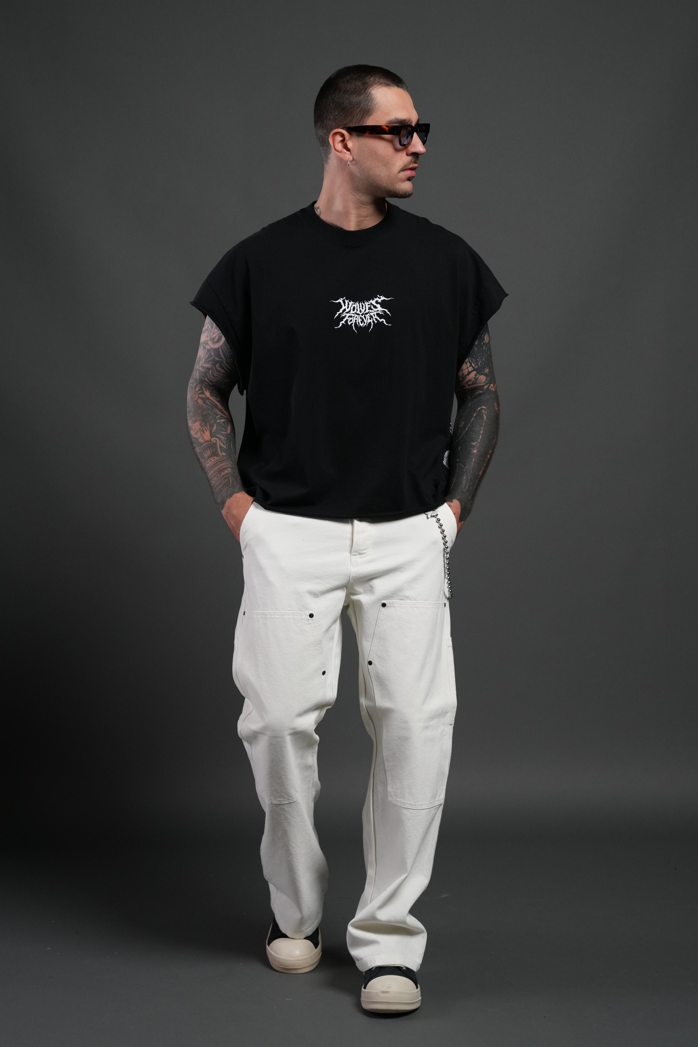 Work In Silence NFGU Grunge Cut-Off Mid Length Raw Hem Tee in Black