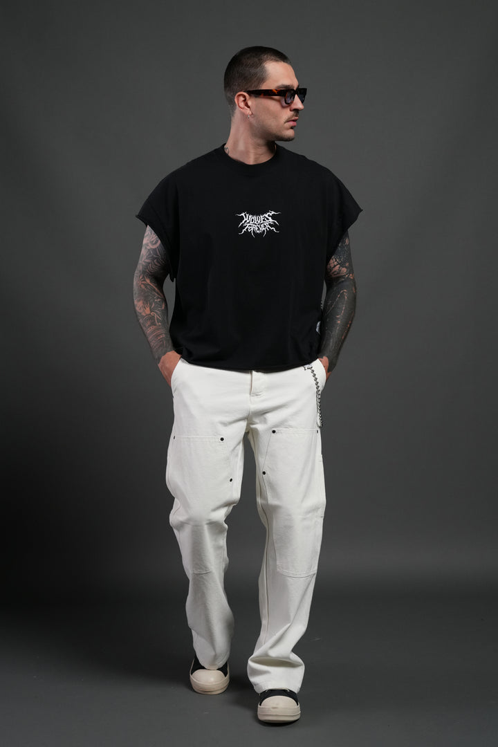 Work In Silence NFGU Grunge Cut-Off Mid Length Raw Hem Tee in Black