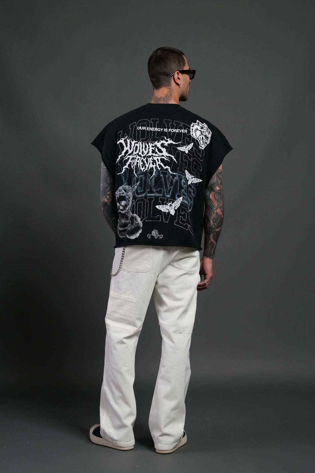 Work In Silence NFGU Grunge Cut-Off Mid Length Raw Hem Tee in Black