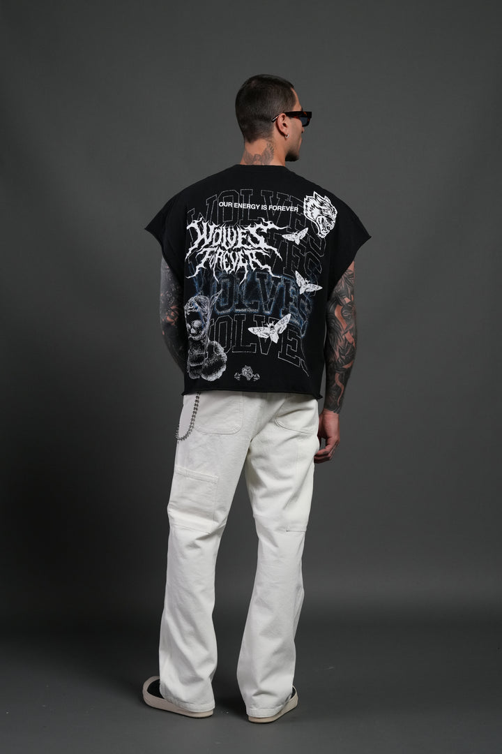Work In Silence NFGU Grunge Cut-Off Mid Length Raw Hem Tee in Black