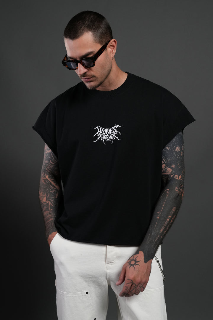 Work In Silence NFGU Grunge Cut-Off Mid Length Raw Hem Tee in Black