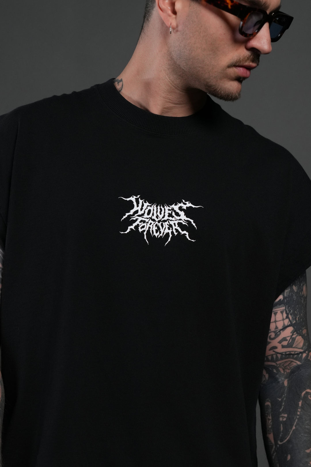 Work In Silence NFGU Grunge Cut-Off Mid Length Raw Hem Tee in Black