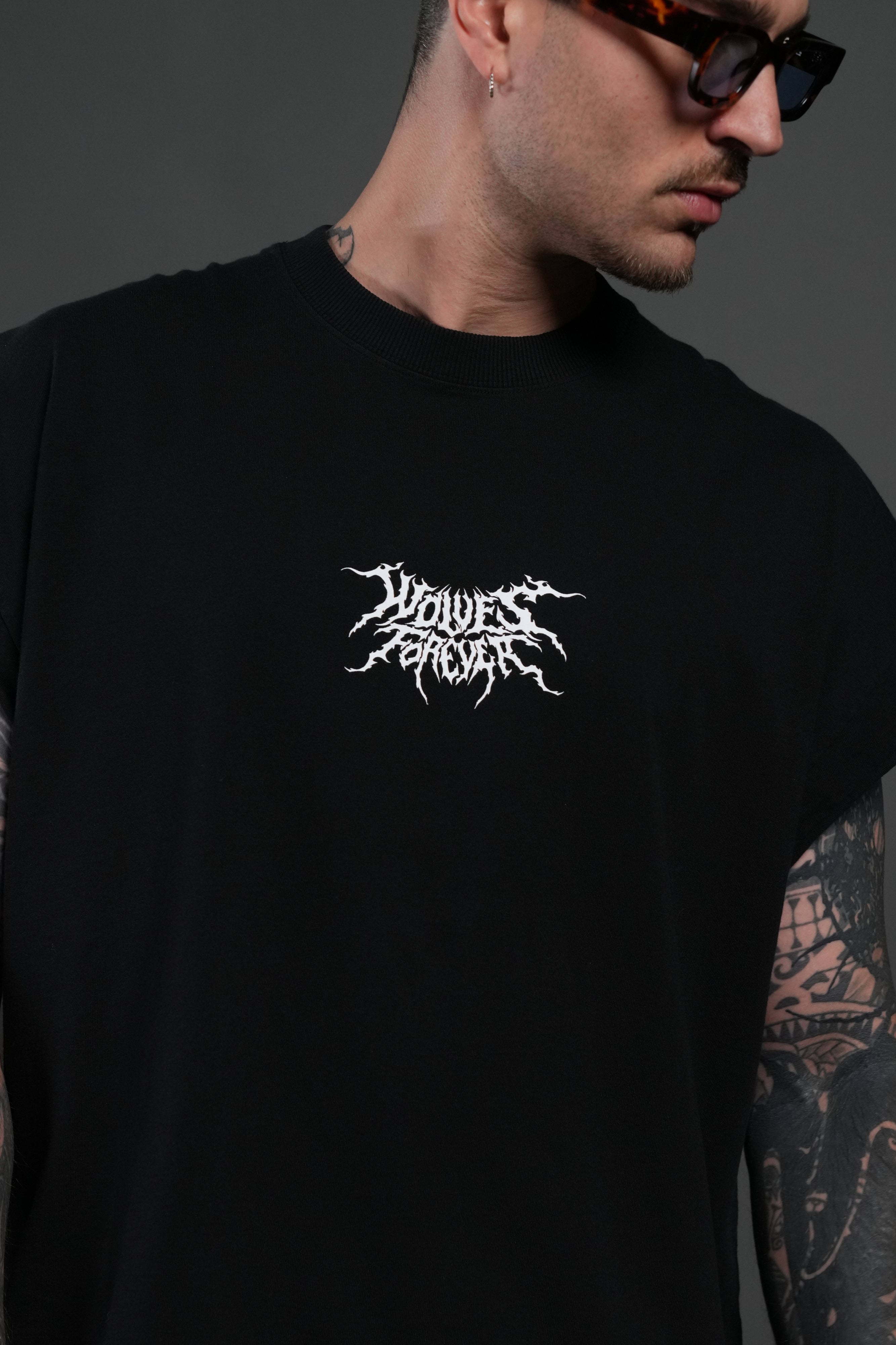 Work In Silence NFGU Grunge Cut-Off Mid Length Raw Hem Tee in Black