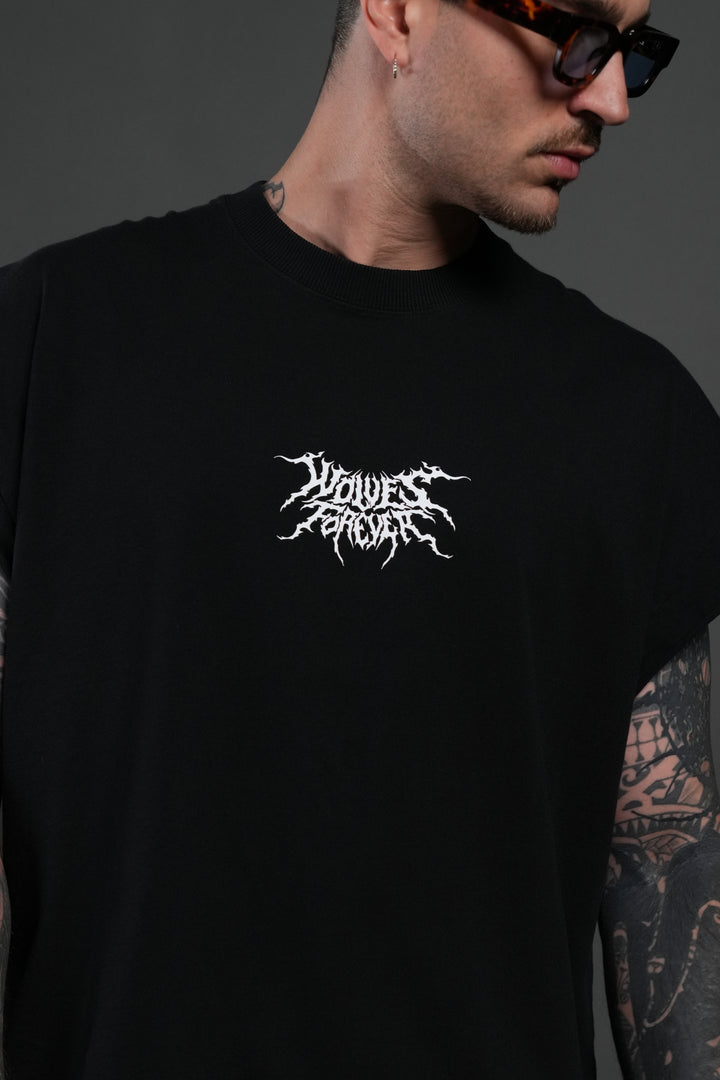 Work In Silence NFGU Grunge Cut-Off Mid Length Raw Hem Tee in Black