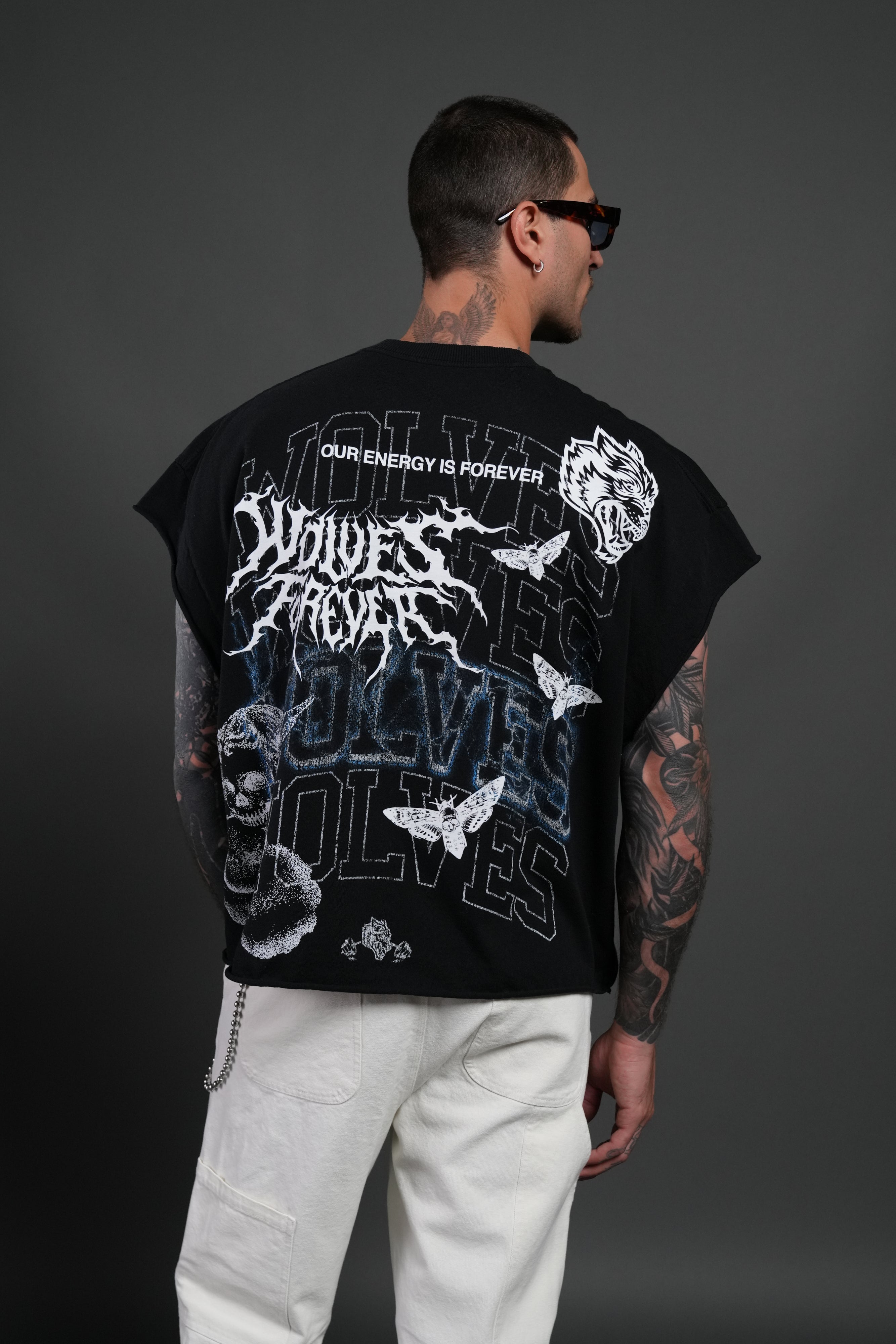 Work In Silence NFGU Grunge Cut-Off Mid Length Raw Hem Tee in Black