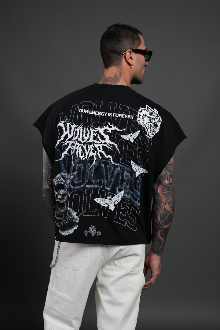 Work In Silence NFGU Grunge Cut-Off Mid Length Raw Hem Tee in Black
