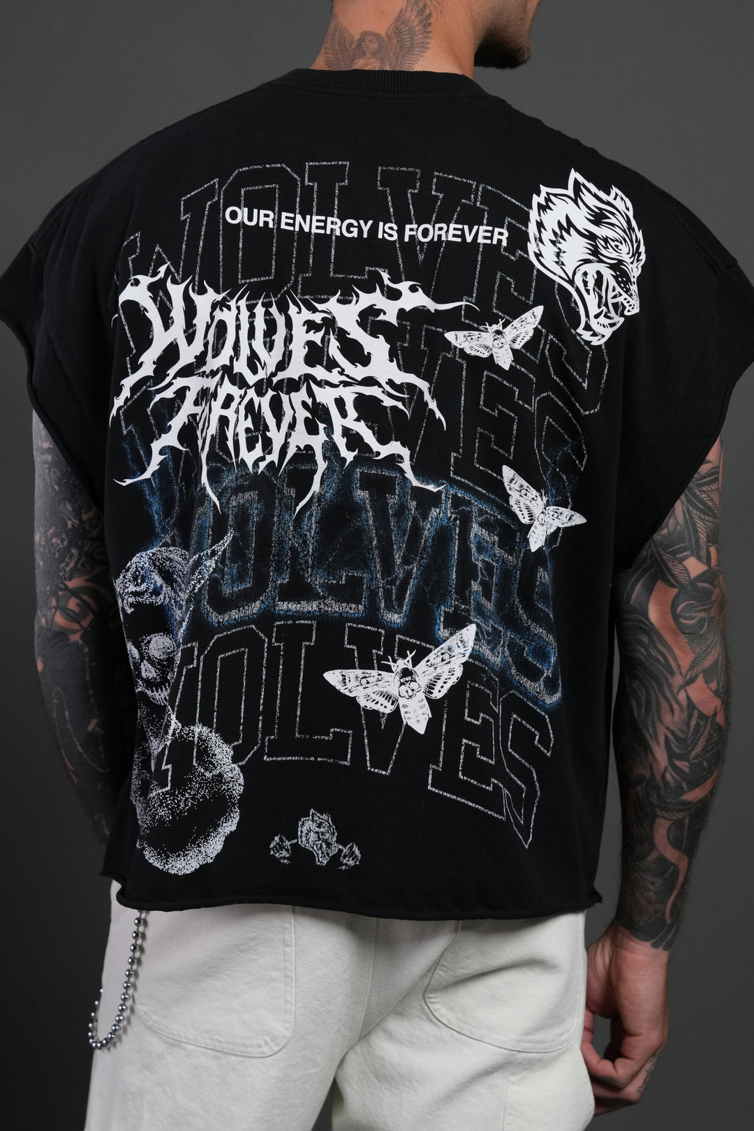 Work In Silence NFGU Grunge Cut-Off Mid Length Raw Hem Tee in Black