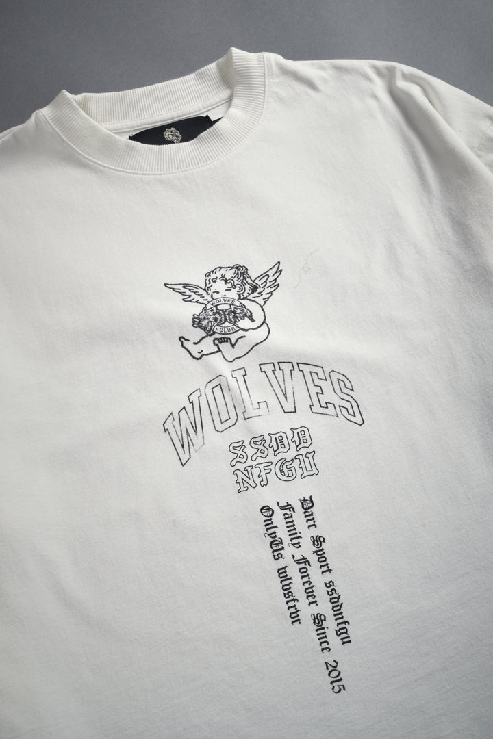 Wolves Club Cherub Grunge Mid Length Raw Hem Tee in Cream