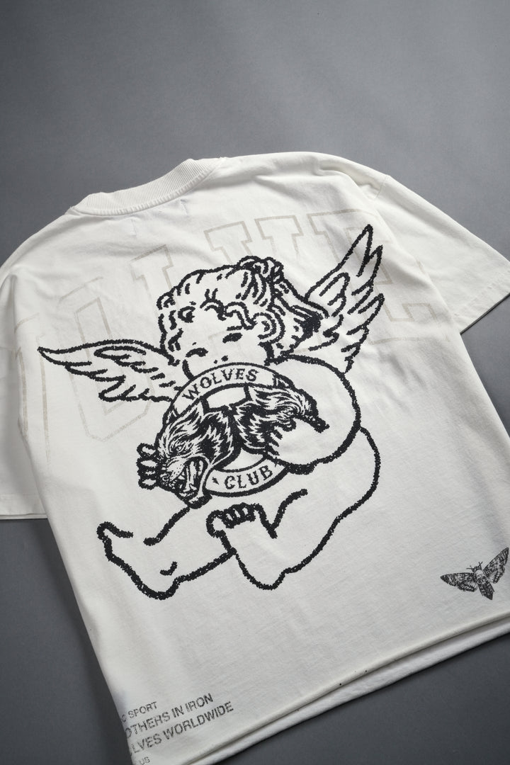 Wolves Club Cherub Grunge Mid Length Raw Hem Tee in Cream