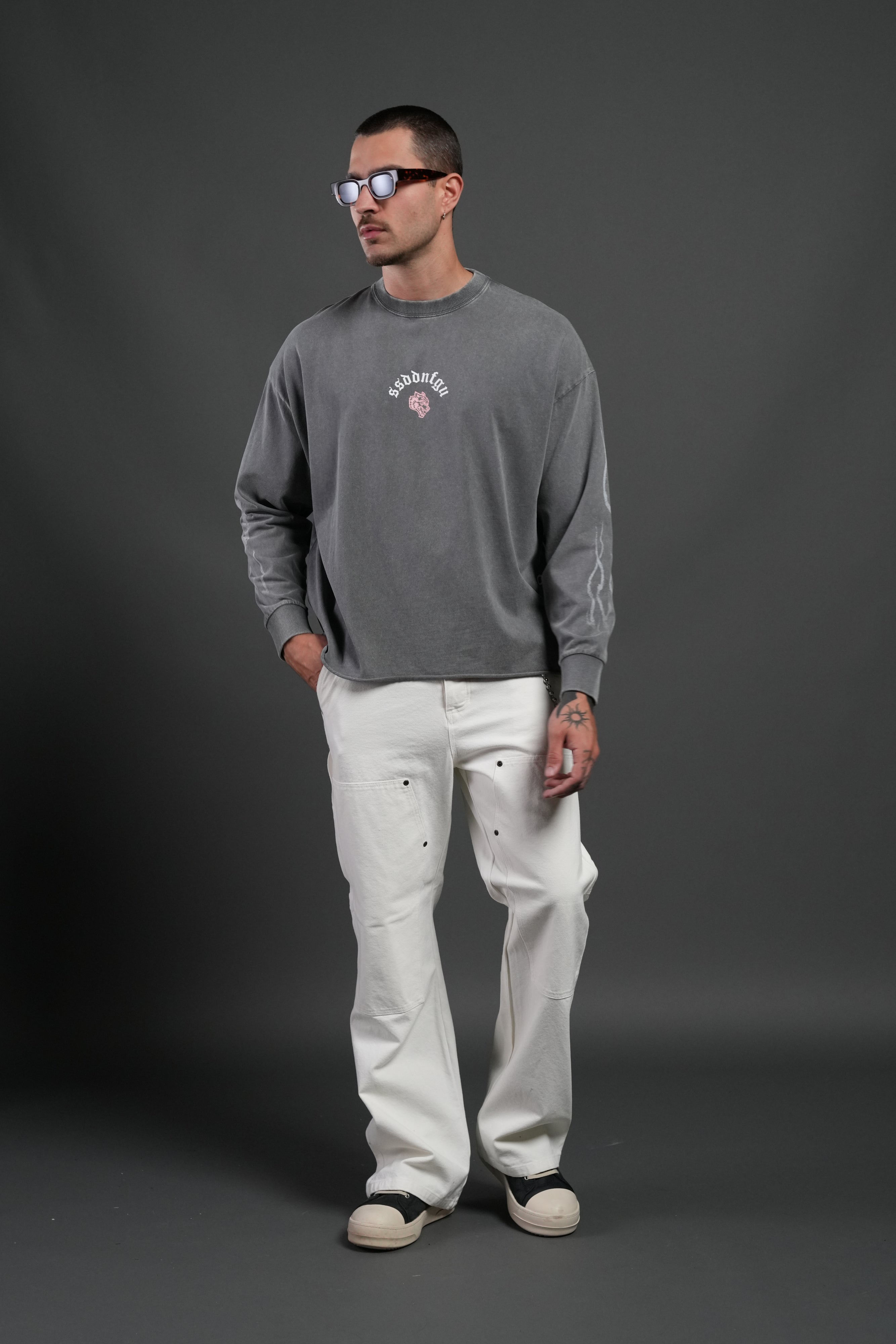 Our Sacrifice Grunge Mid Length Raw Hem LS Tee in Slate Gray