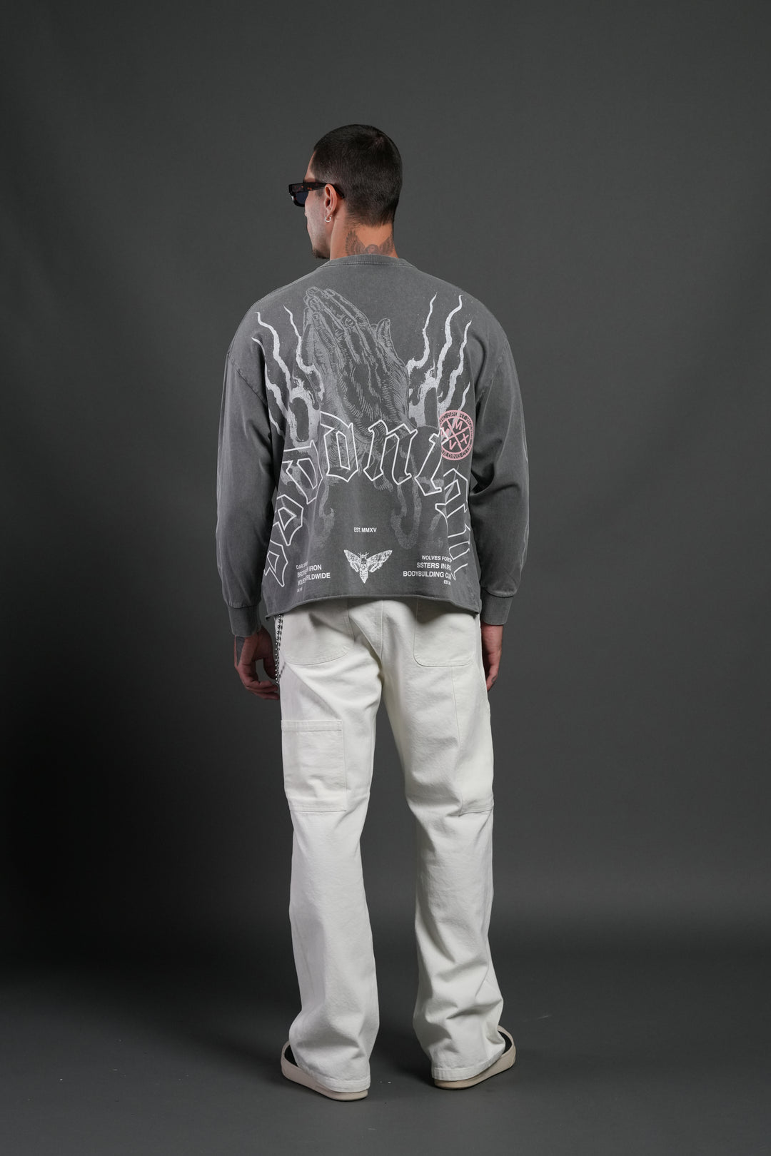 Our Sacrifice Grunge Mid Length Raw Hem LS Tee in Slate Gray