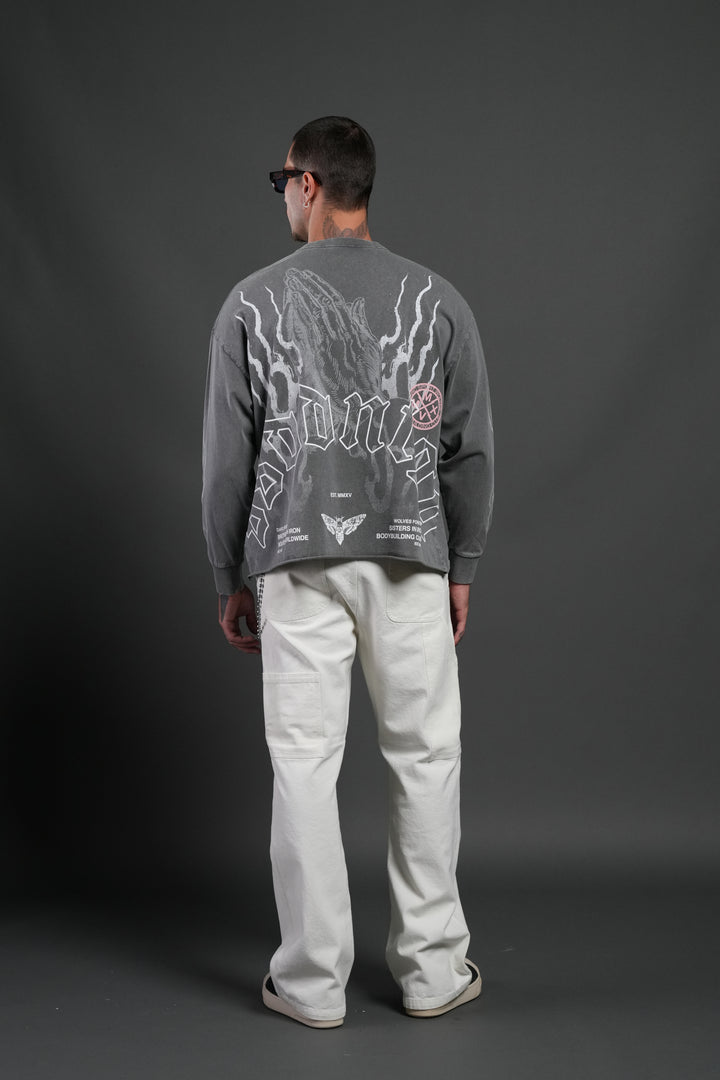 Our Sacrifice Grunge Mid Length Raw Hem LS Tee in Slate Gray
