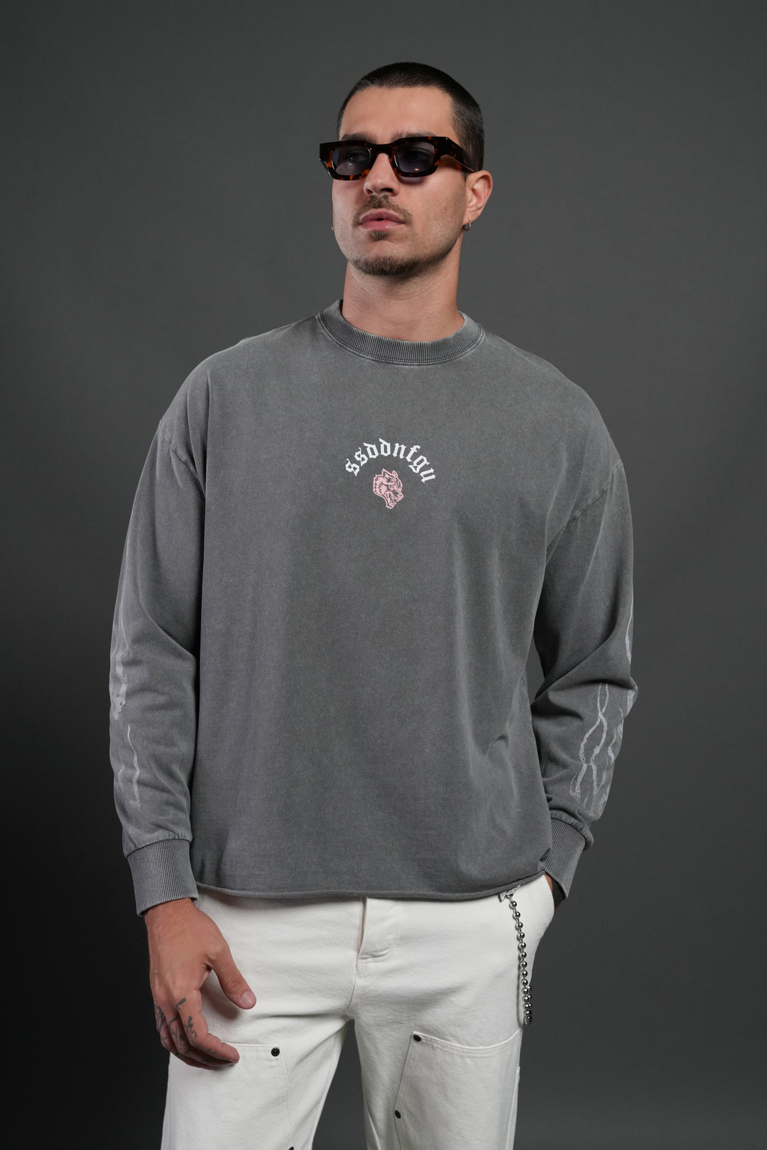Our Sacrifice Grunge Mid Length Raw Hem LS Tee in Slate Gray