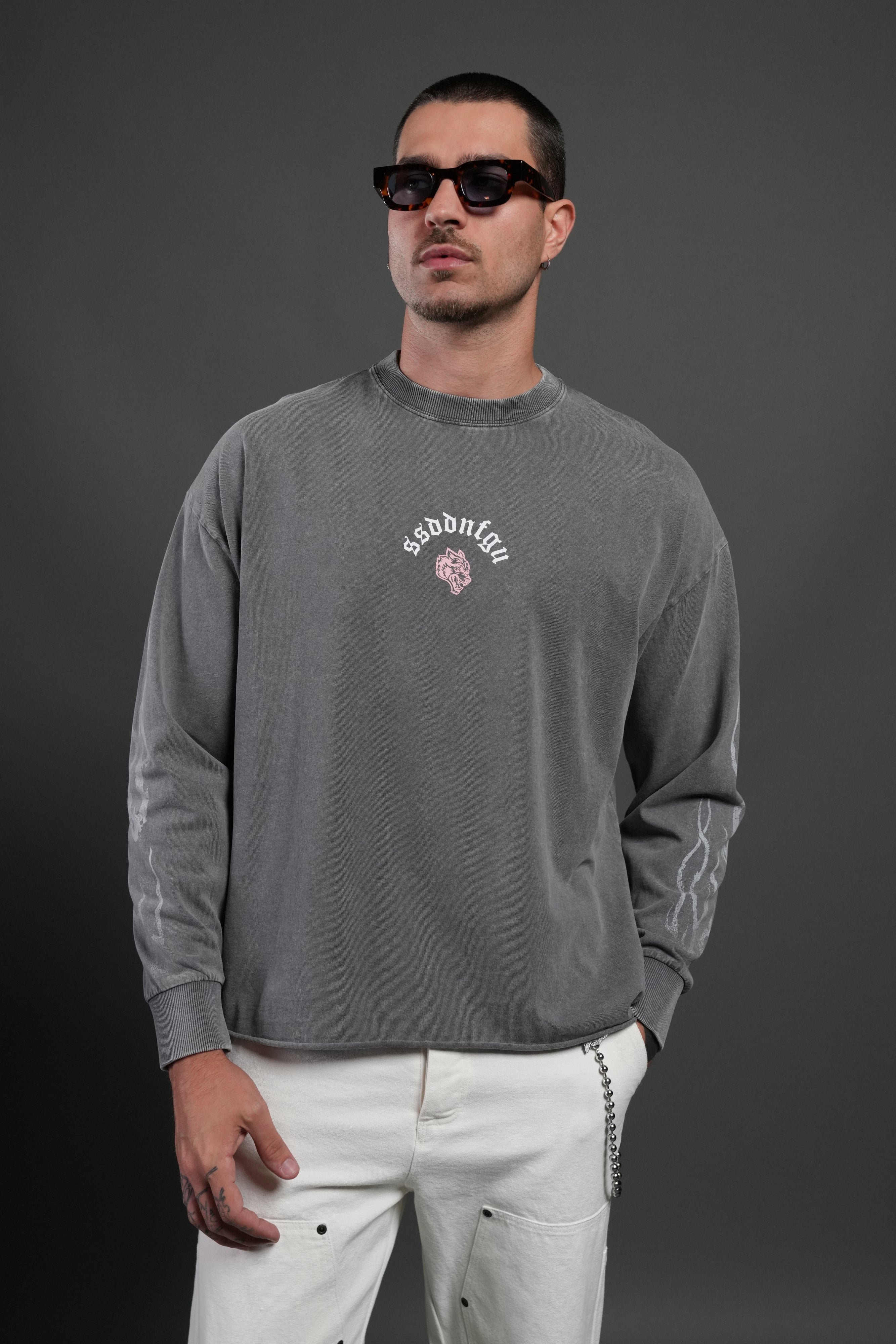 Our Sacrifice Grunge Mid Length Raw Hem LS Tee in Slate Gray