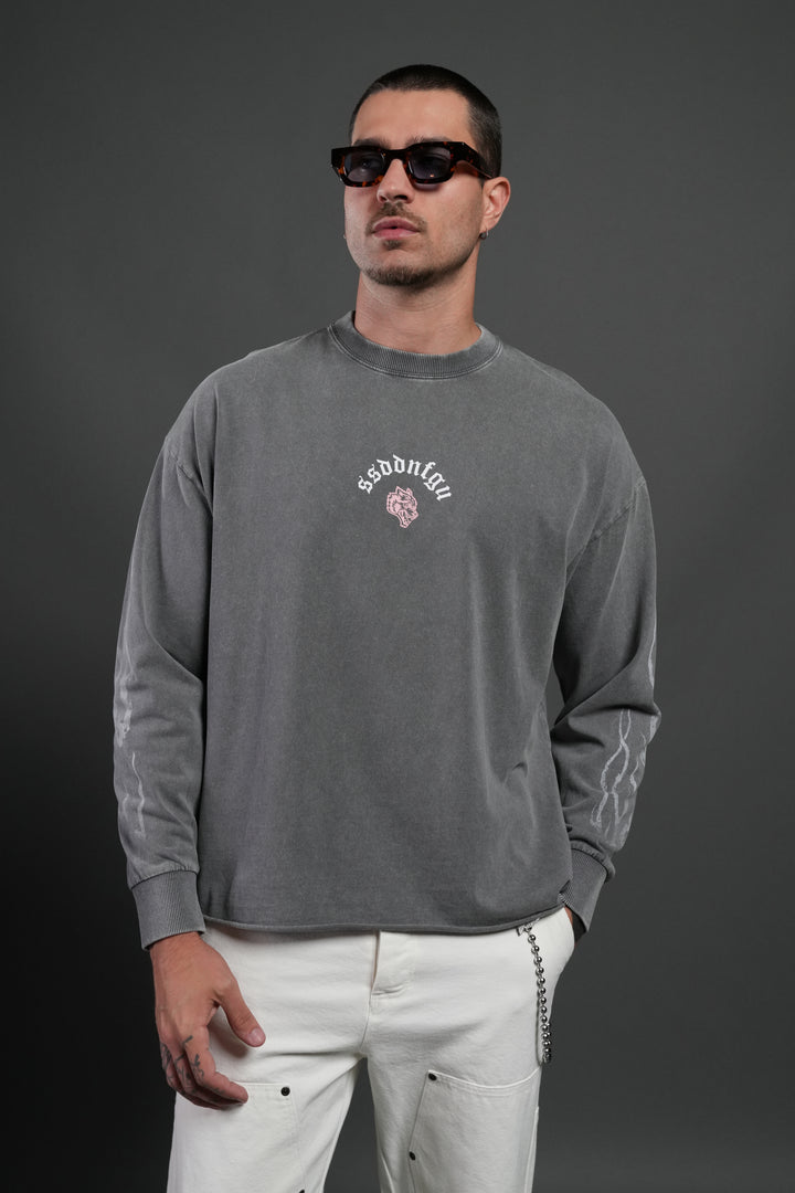 Our Sacrifice Grunge Mid Length Raw Hem LS Tee in Slate Gray
