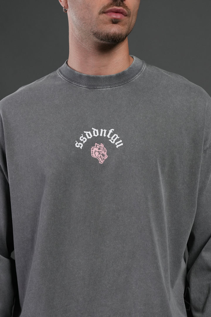 Our Sacrifice Grunge Mid Length Raw Hem LS Tee in Slate Gray