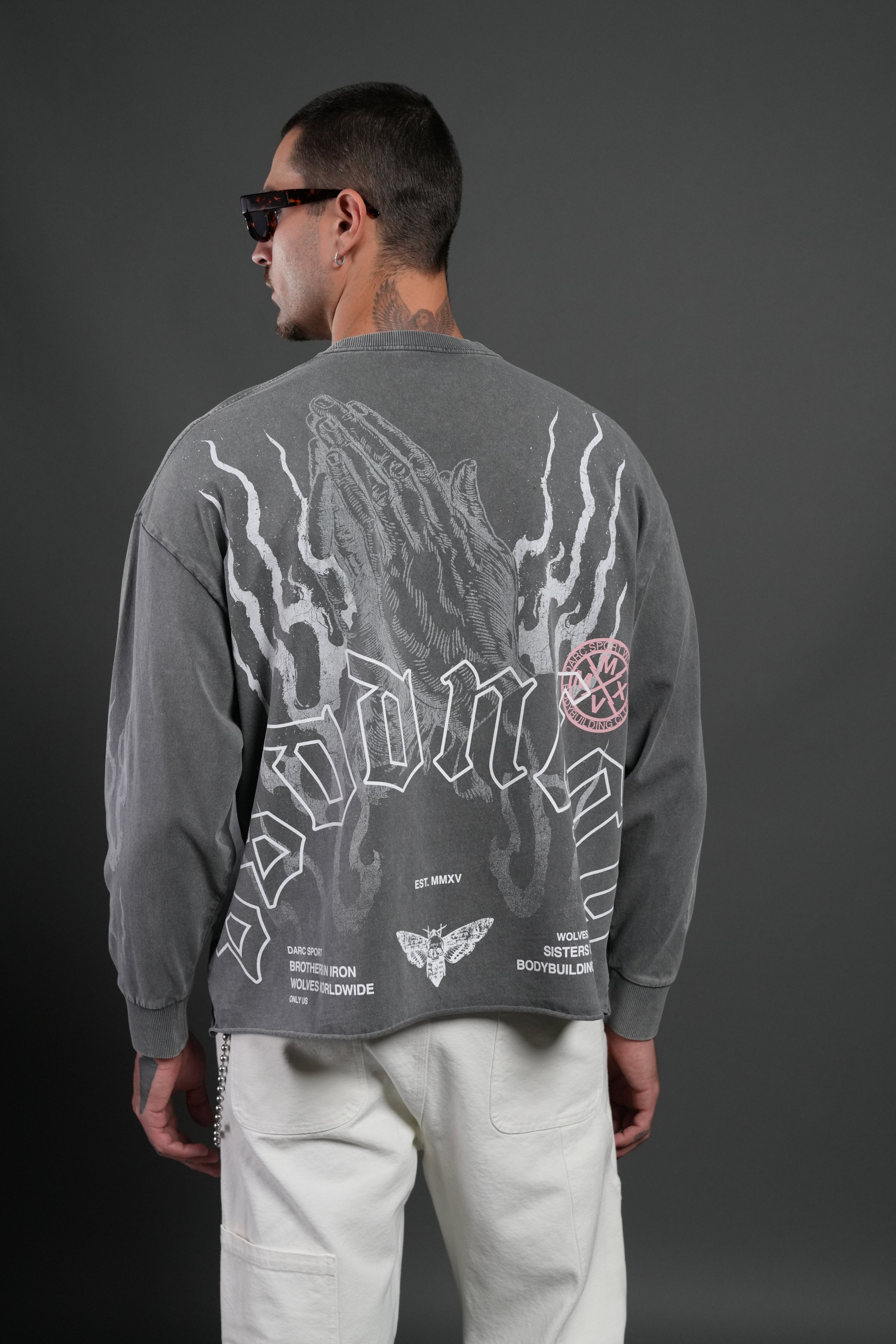Our Sacrifice Grunge Mid Length Raw Hem LS Tee in Slate Gray