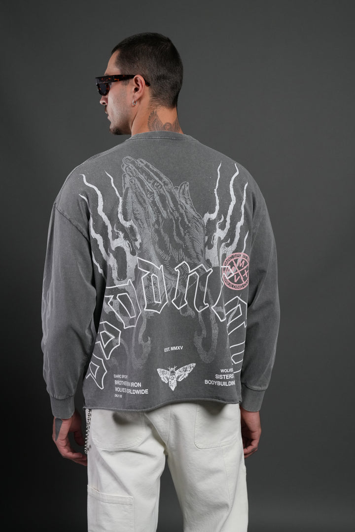 Our Sacrifice Grunge Mid Length Raw Hem LS Tee in Slate Gray