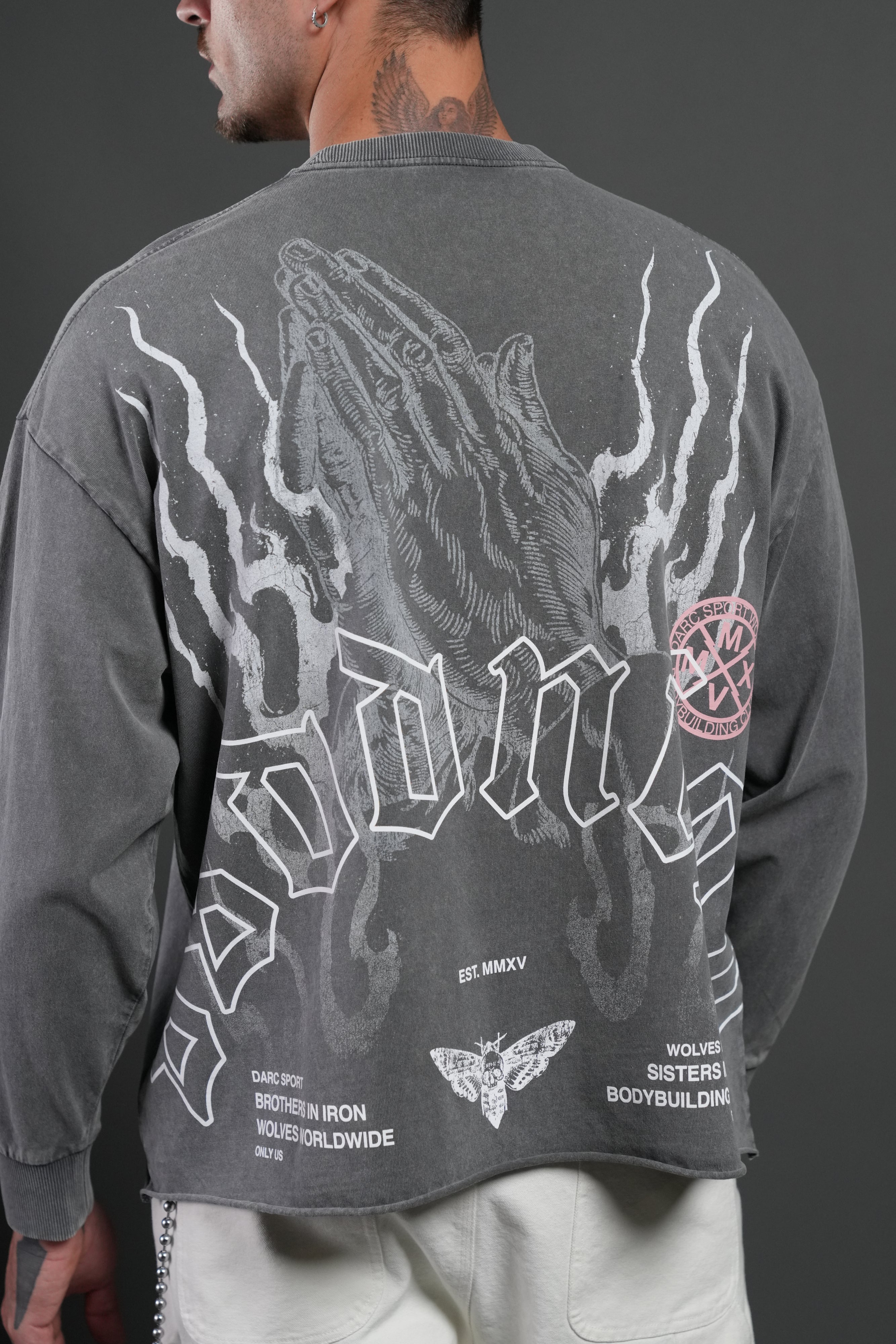 Our Sacrifice Grunge Mid Length Raw Hem LS Tee in Slate Gray