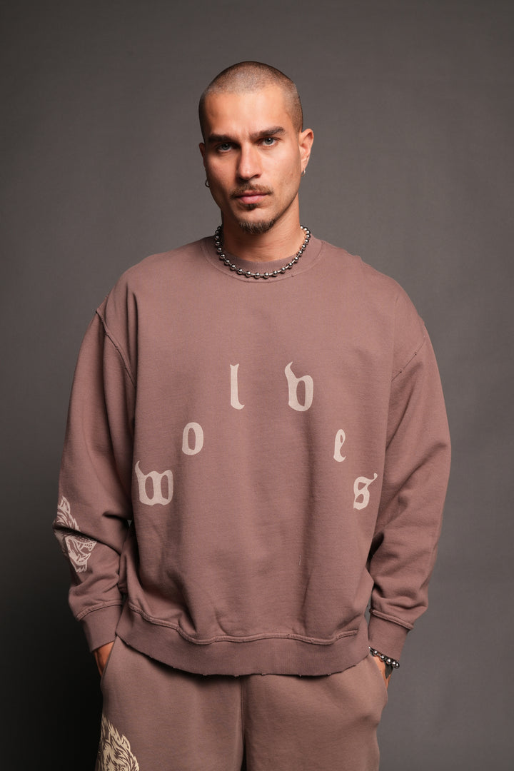 Forever Our Core Grunge Distressed Oversized London Crewneck In Mojave Brown