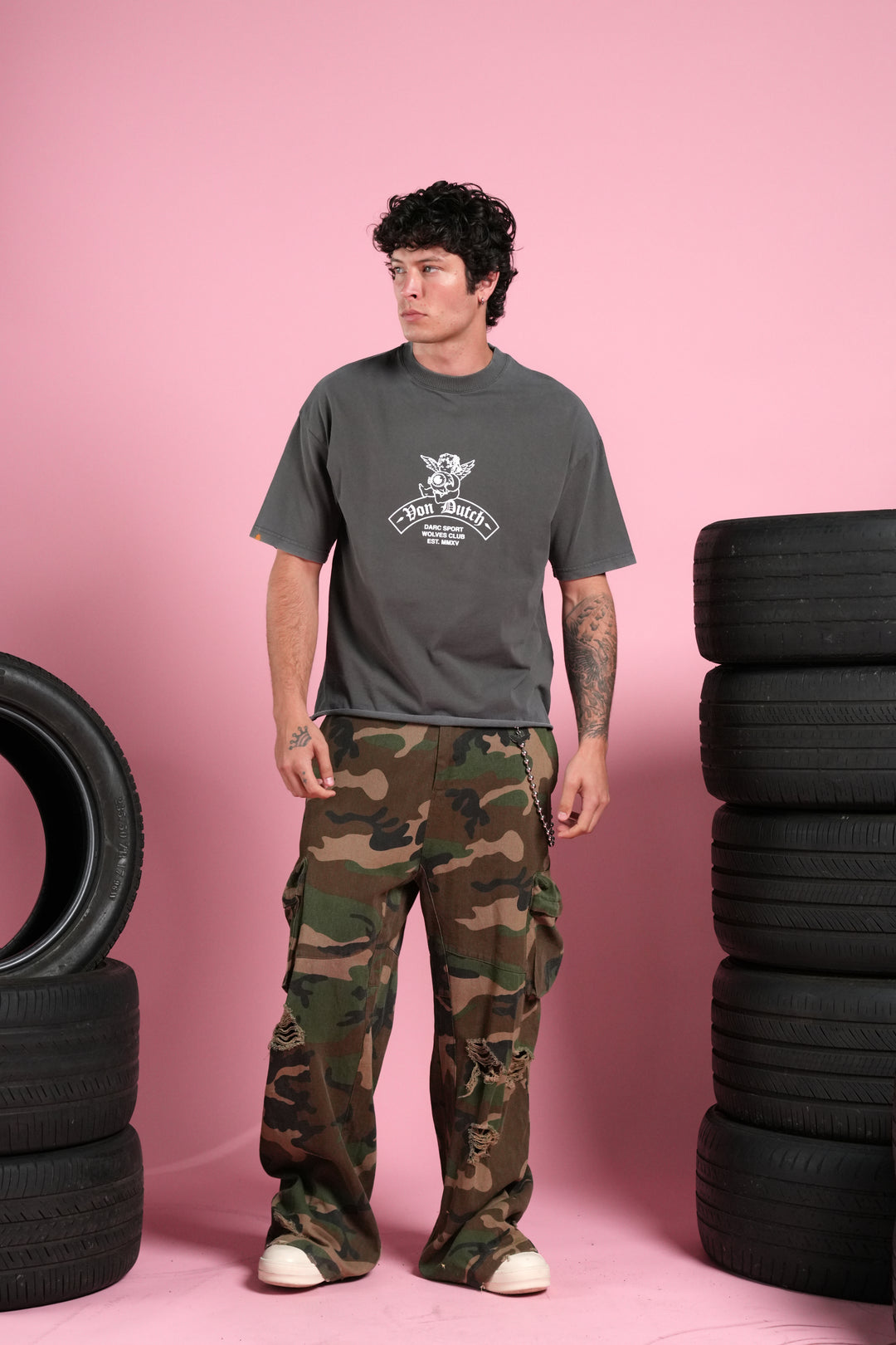 Darc Covenant Grunge Mid-Length Raw Hem Tee in Wolf Gray