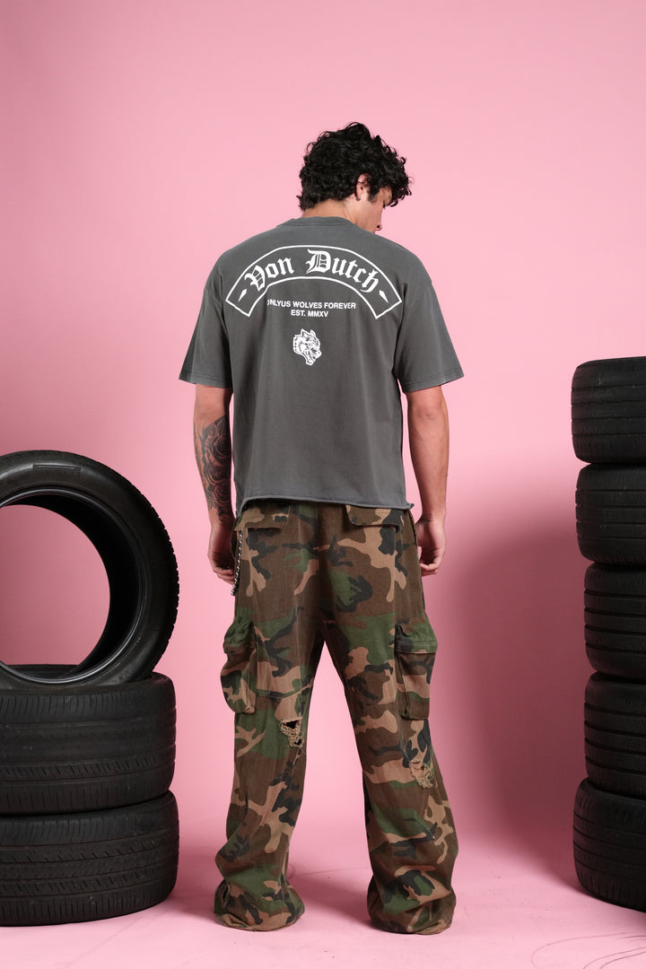 Darc Covenant Grunge Mid-Length Raw Hem Tee in Wolf Gray