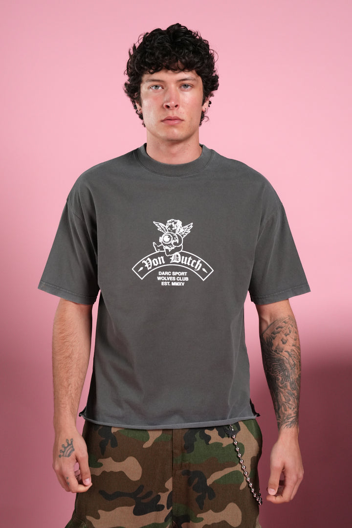 Darc Covenant Grunge Mid-Length Raw Hem Tee in Wolf Gray