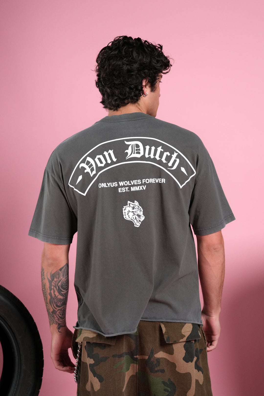 Darc Covenant Grunge Mid-Length Raw Hem Tee in Wolf Gray