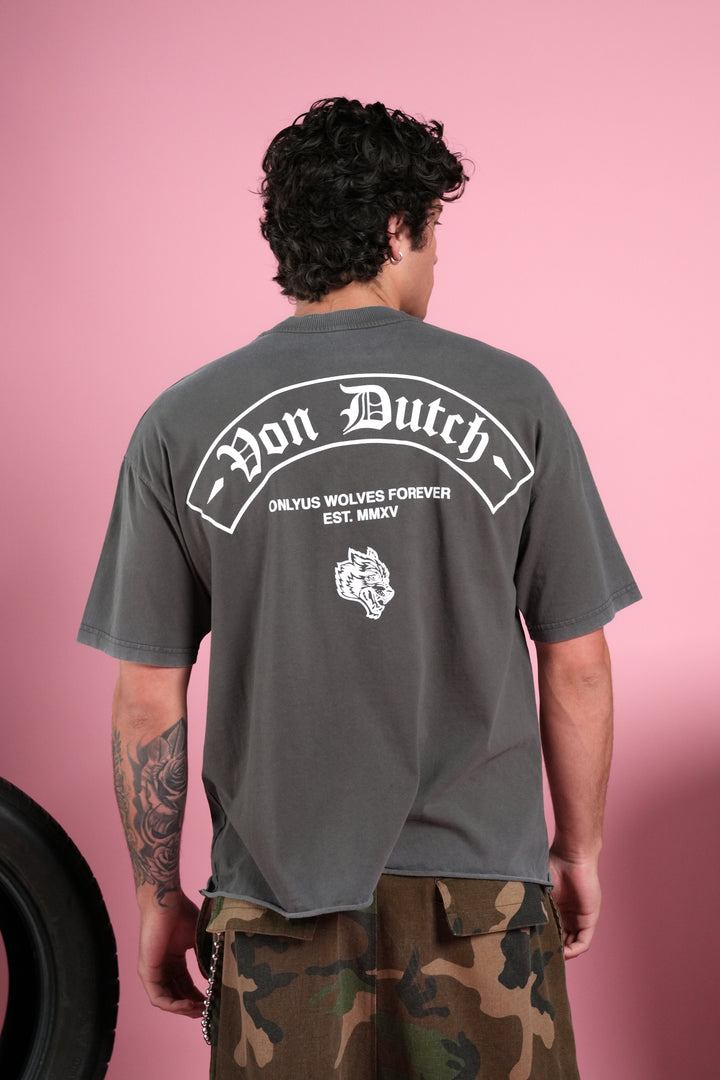 Darc Covenant Grunge Mid-Length Raw Hem Tee in Wolf Gray