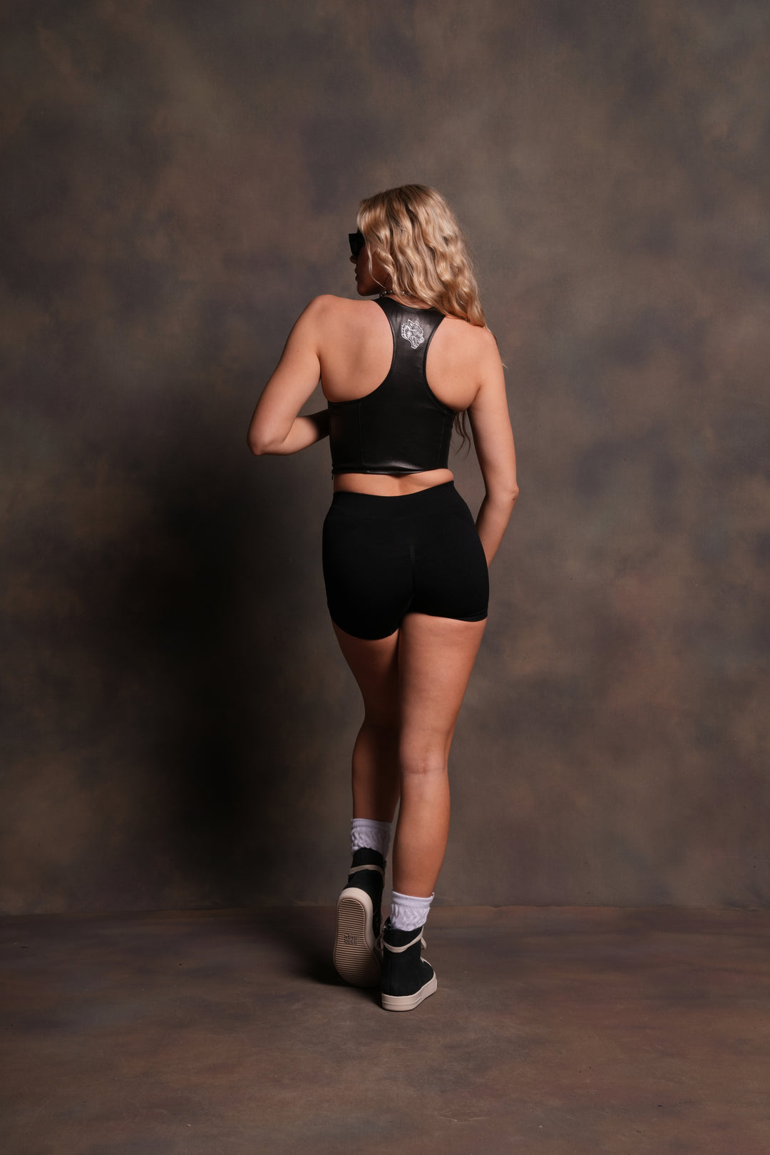 Wolf Head Leather Lace Up Top in Black