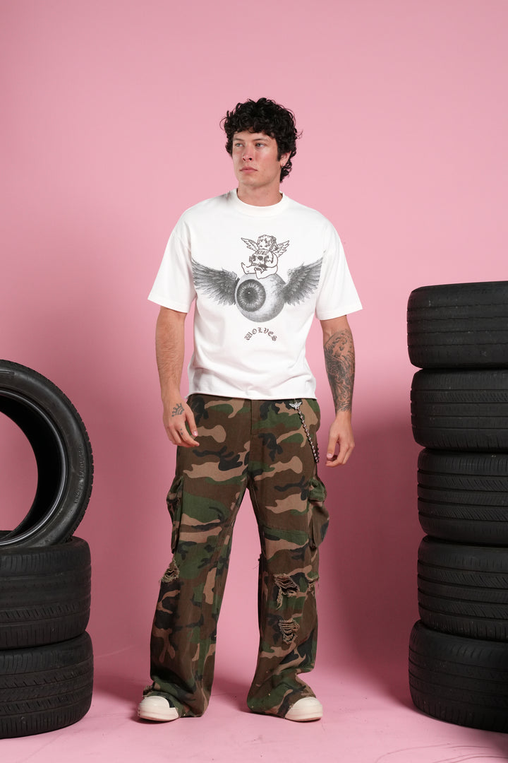 Flight Club V2 Grunge Mid Length Raw Hem Tee in Cream