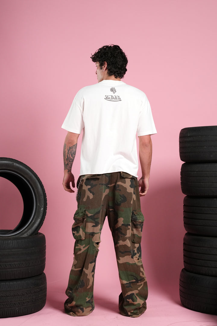 Flight Club V2 Grunge Mid Length Raw Hem Tee in Cream