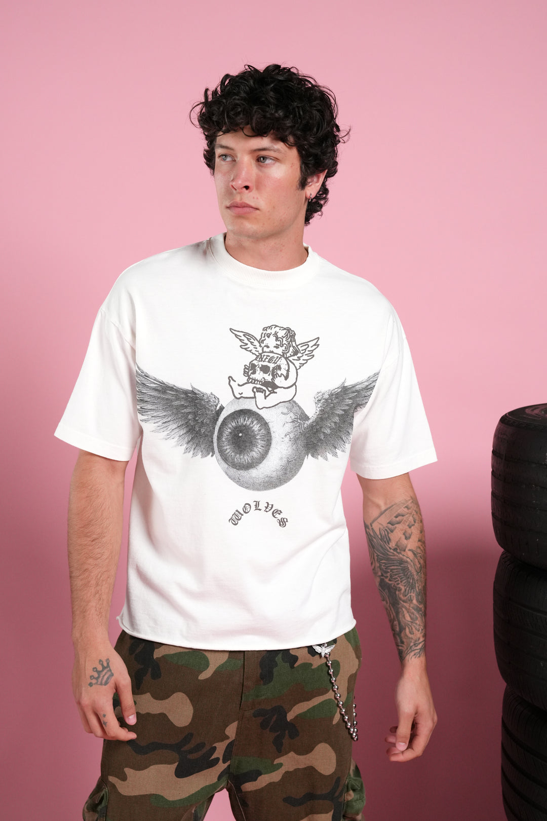 Flight Club V2 Grunge Mid Length Raw Hem Tee in Cream