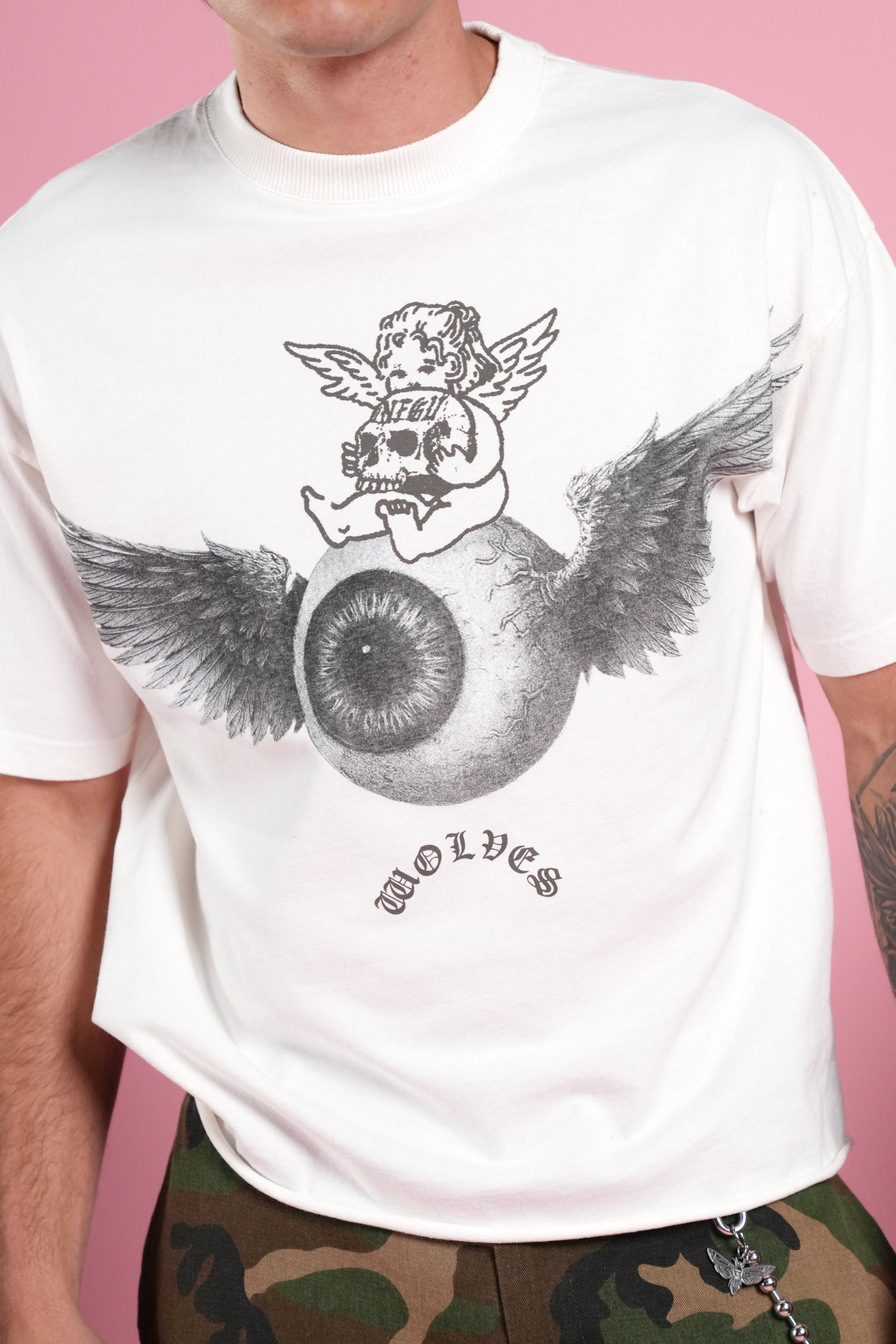 Flight Club V2 Grunge Mid Length Raw Hem Tee in Cream