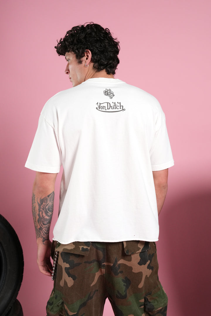 Flight Club V2 Grunge Mid Length Raw Hem Tee in Cream