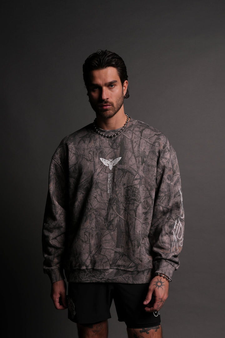 From The Top London Crewneck in Driftwood Wolf Forest Camo