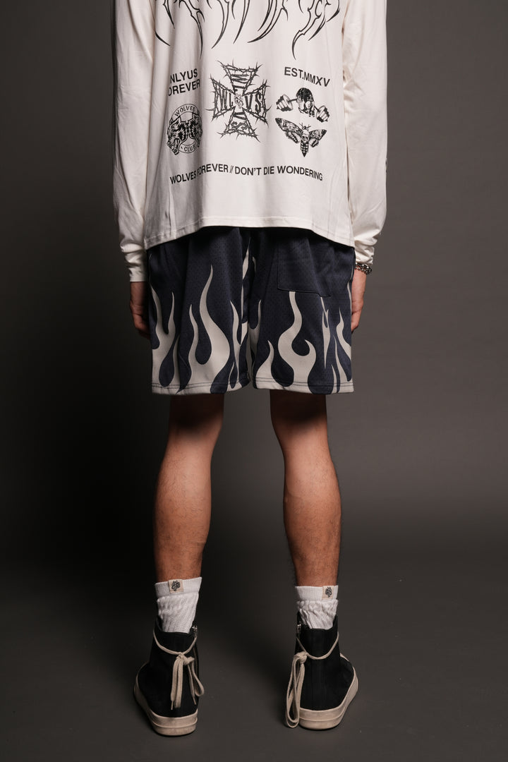 On Fire Applique Mesh Shorts In Storm Blue
