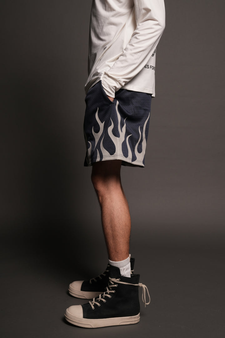 On Fire Applique Mesh Shorts In Storm Blue