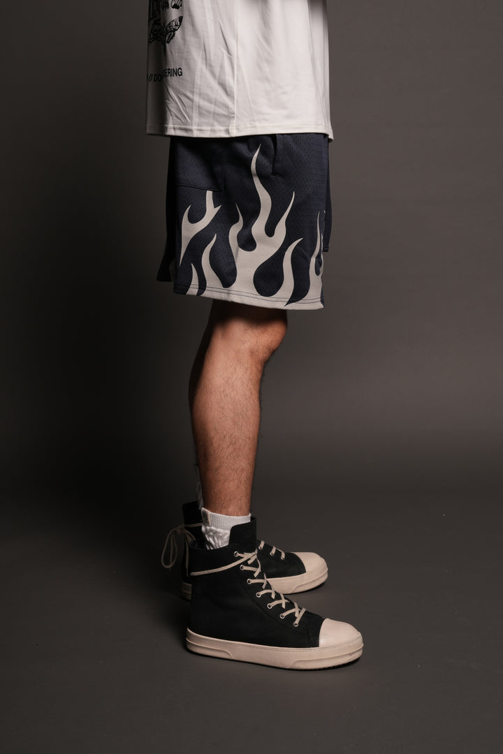On Fire Applique Mesh Shorts In Storm Blue