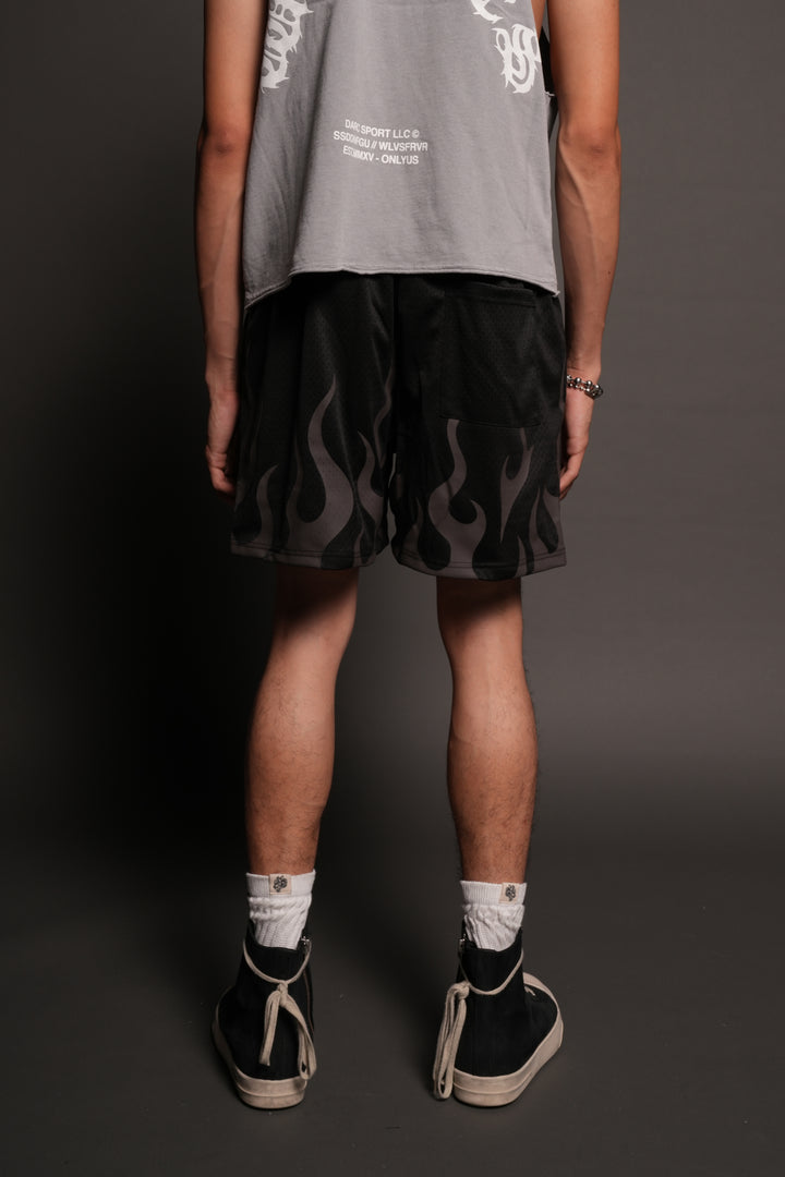 On Fire Applique Mesh Shorts In Black