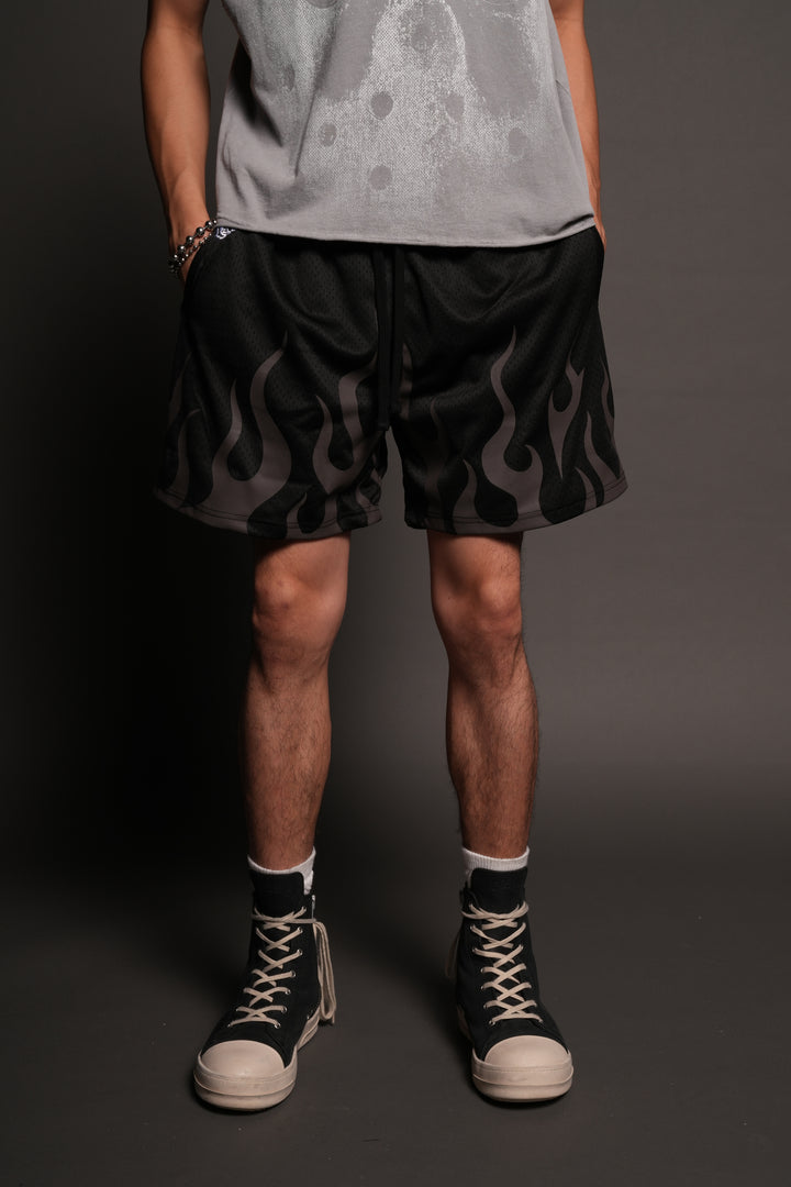 On Fire Applique Mesh Shorts In Black