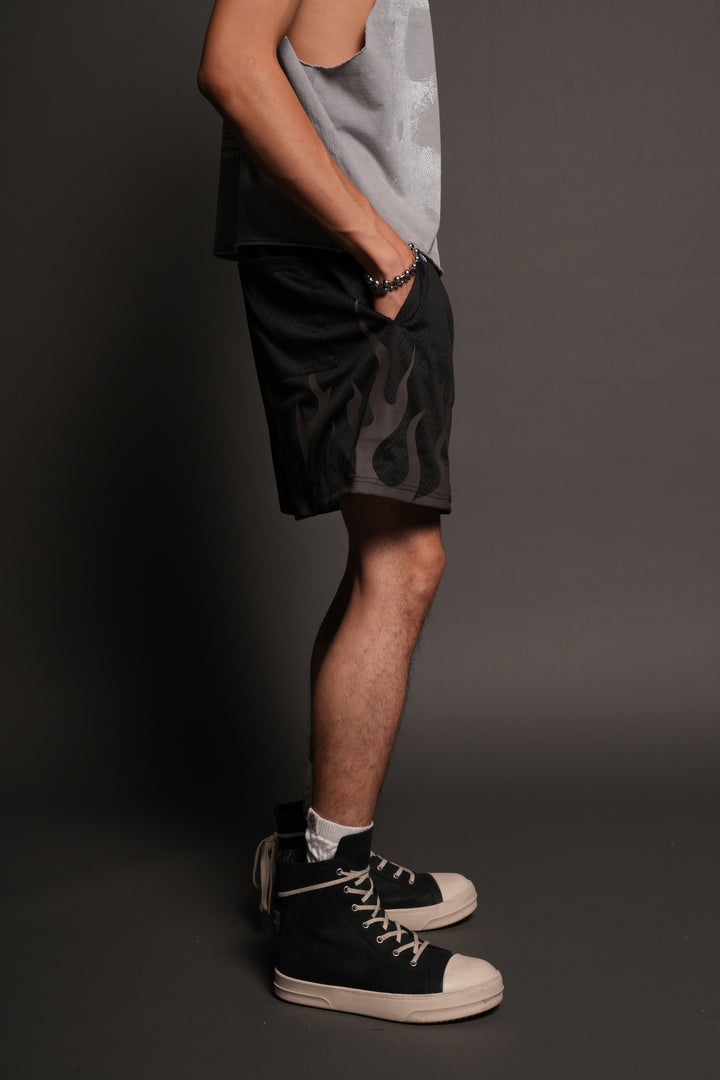 On Fire Applique Mesh Shorts In Black